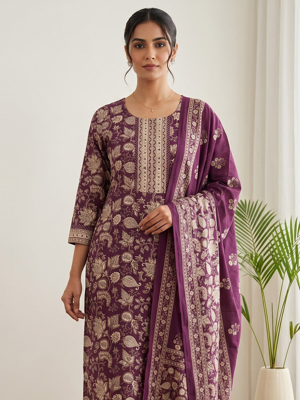 Wine Embroidery Cotton Blend Kurta With Pant & Dupatta