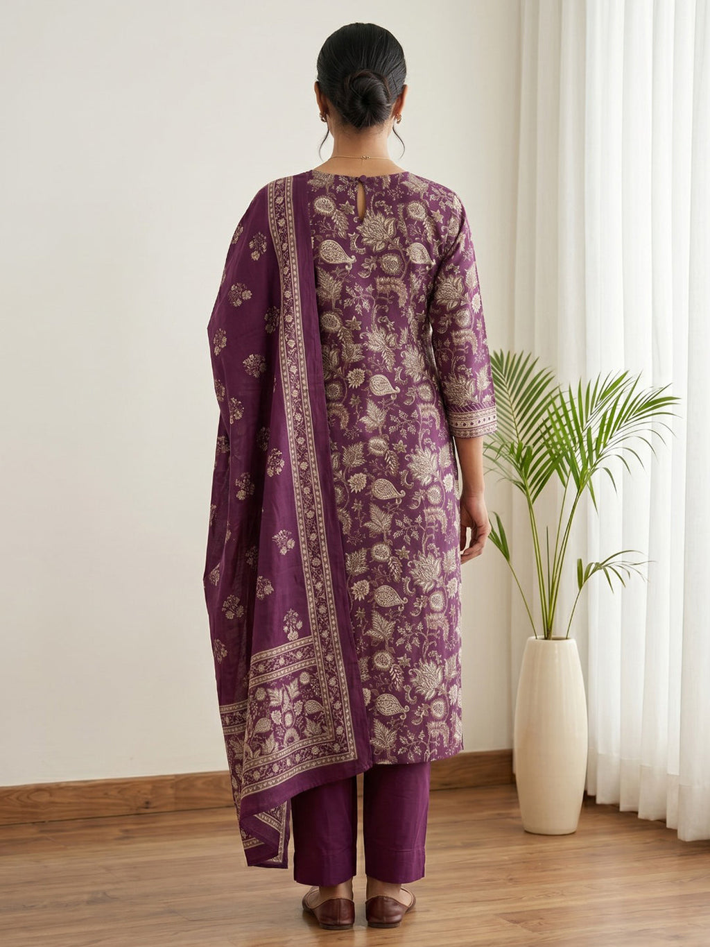 Wine Embroidery Cotton Blend Kurta With Pant & Dupatta