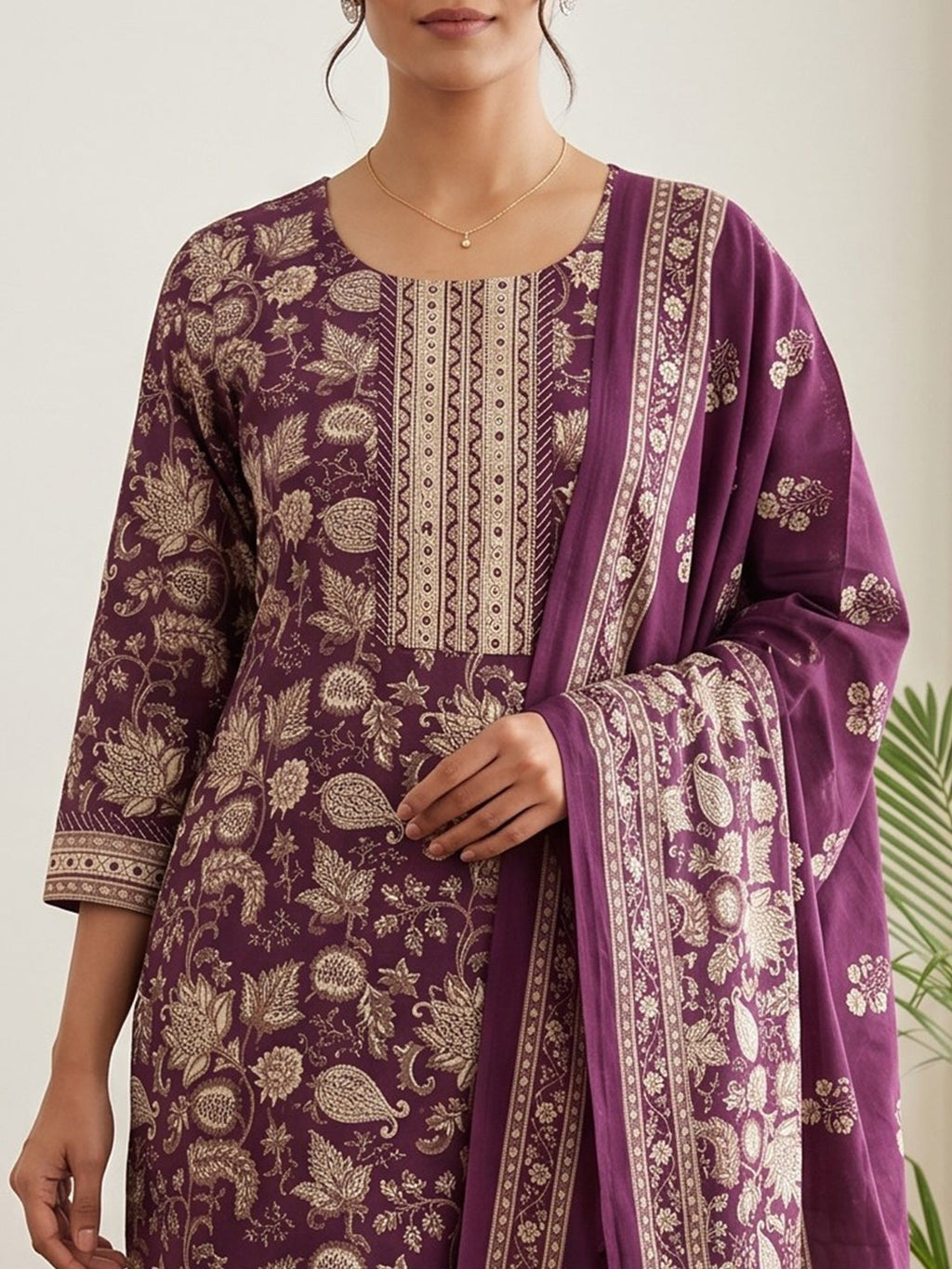 Wine Embroidery Cotton Blend Kurta With Pant & Dupatta
