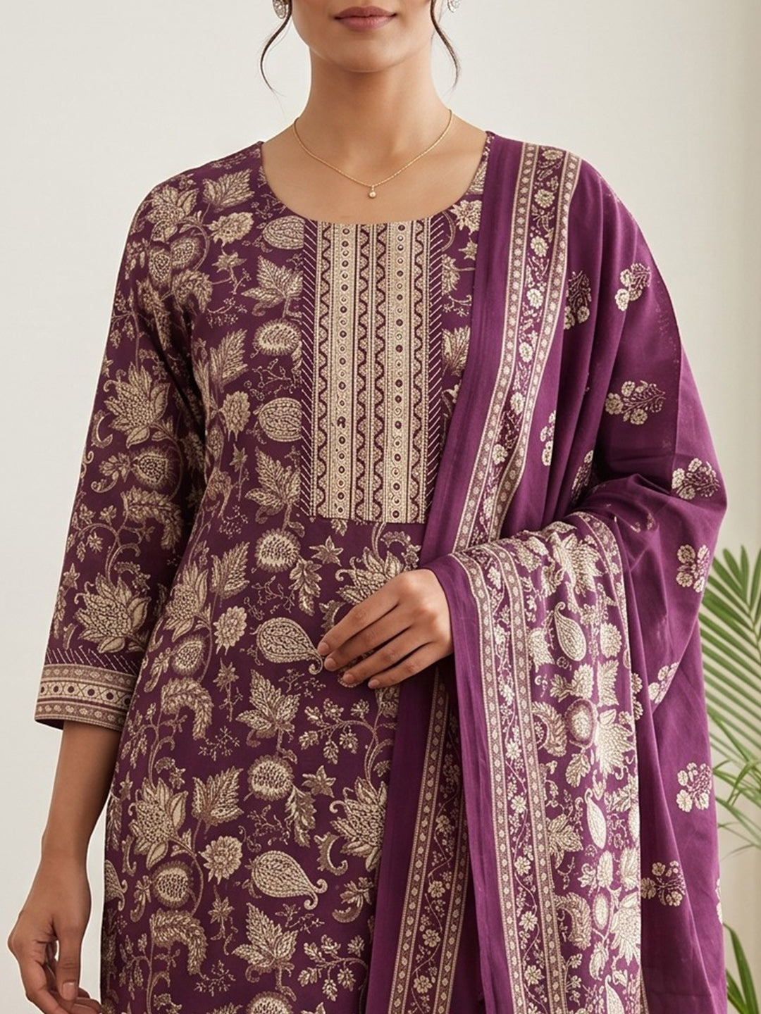 Wine Embroidery Cotton Blend Kurta With Pant & Dupatta