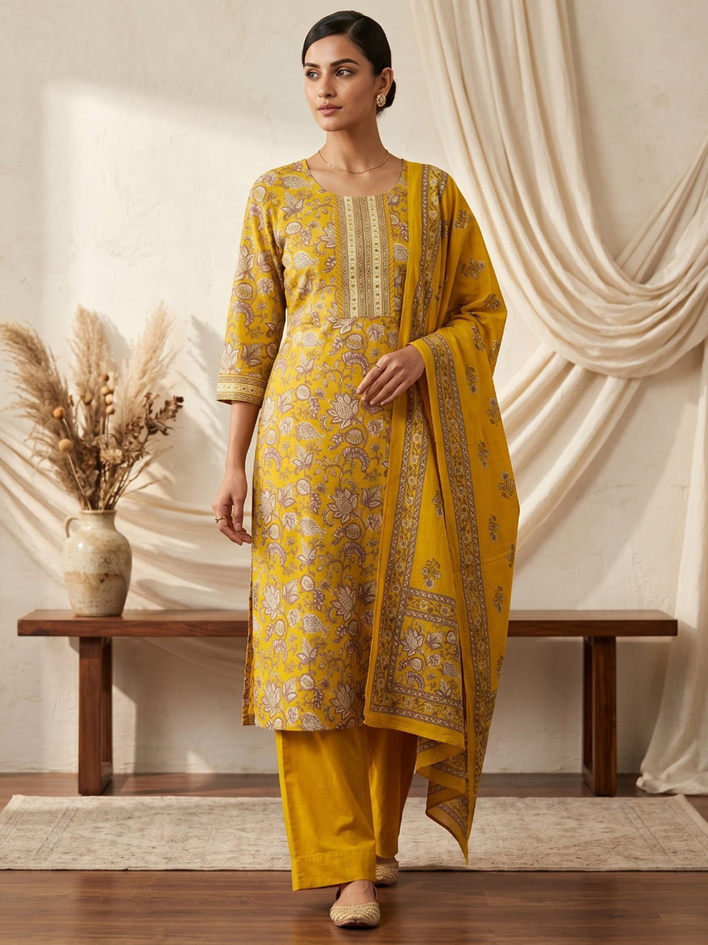 Yellow Embroidery Cotton Blend Kurta With Pant & Dupatta
