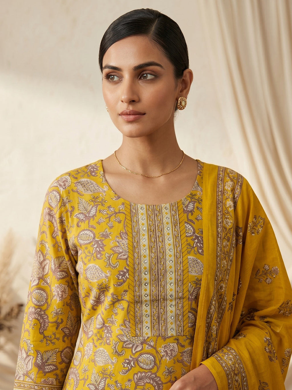 Yellow Embroidery Cotton Blend Kurta With Pant & Dupatta