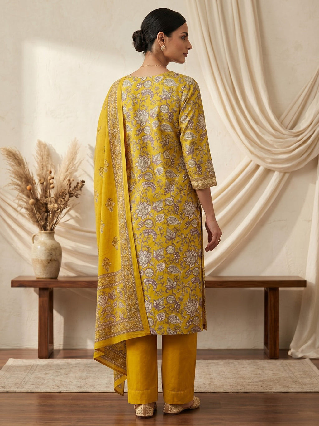 Yellow Embroidery Cotton Blend Kurta With Pant & Dupatta