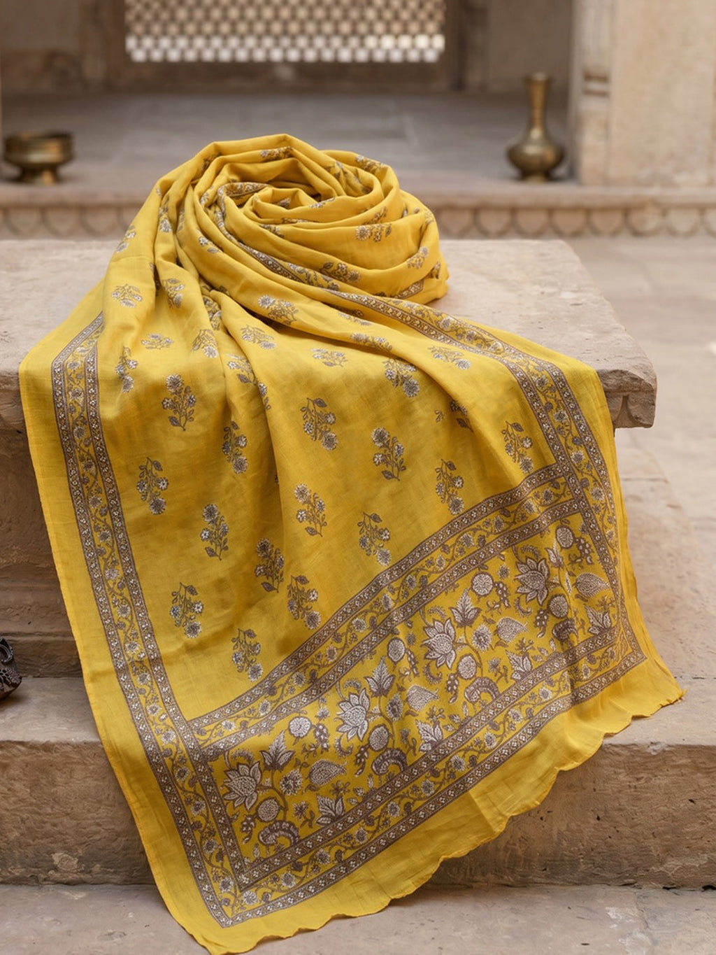Yellow Embroidery Cotton Blend Kurta With Pant & Dupatta