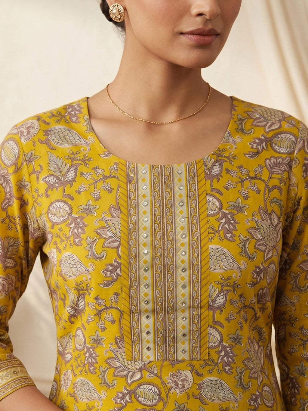 Yellow Embroidery Cotton Blend Kurta With Pant & Dupatta
