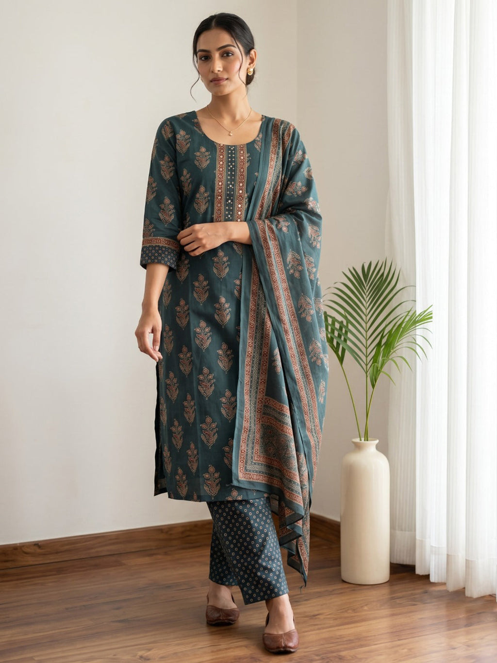 Green Printed Cotton Blend Kurta With Pant & Dupatta