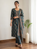 Green Printed Cotton Blend Kurta With Pant & Dupatta