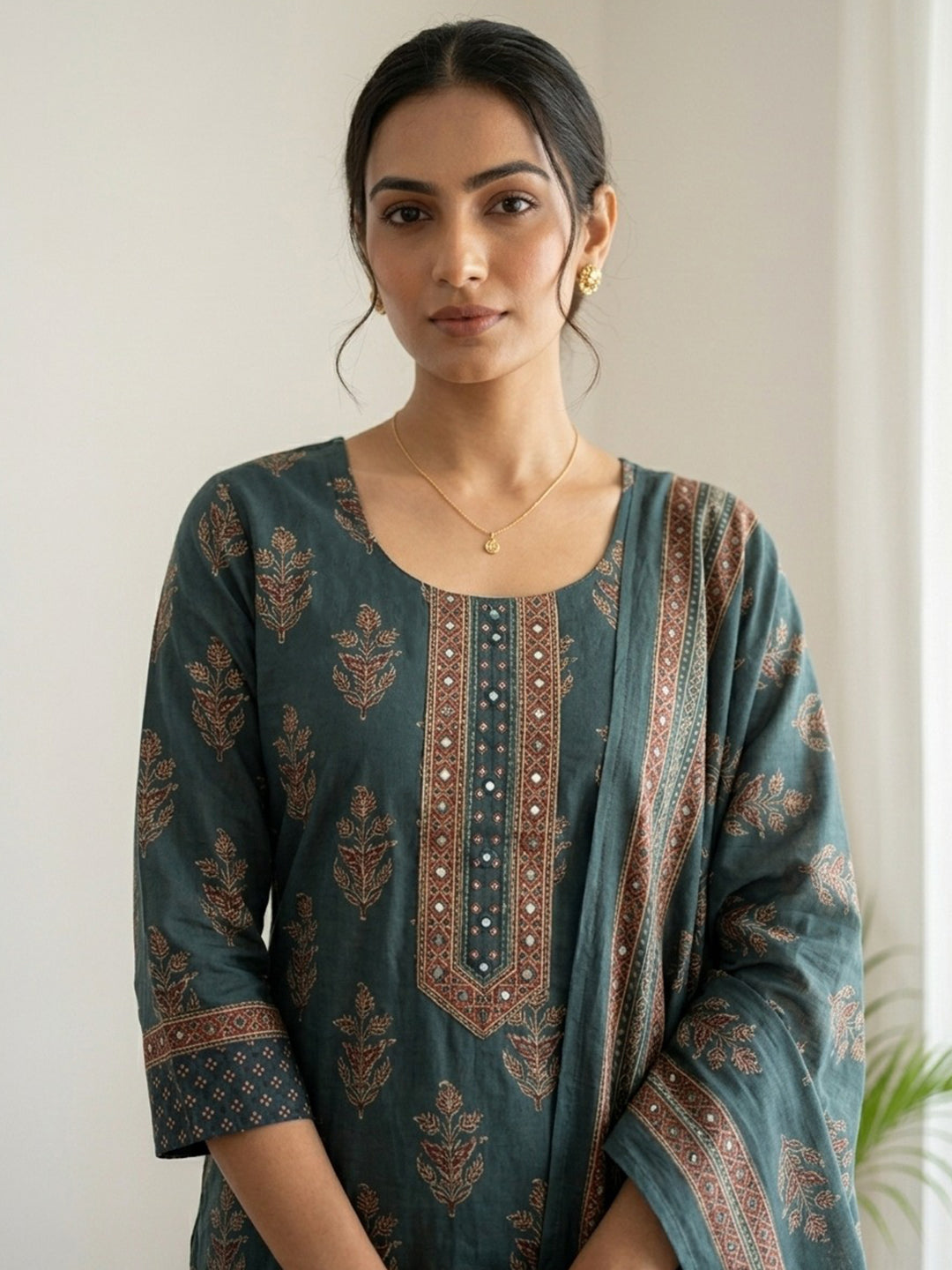 Green Printed Cotton Blend Kurta With Pant & Dupatta