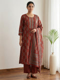 Red Printed Cotton Blend Kurta With Pant & Dupatta