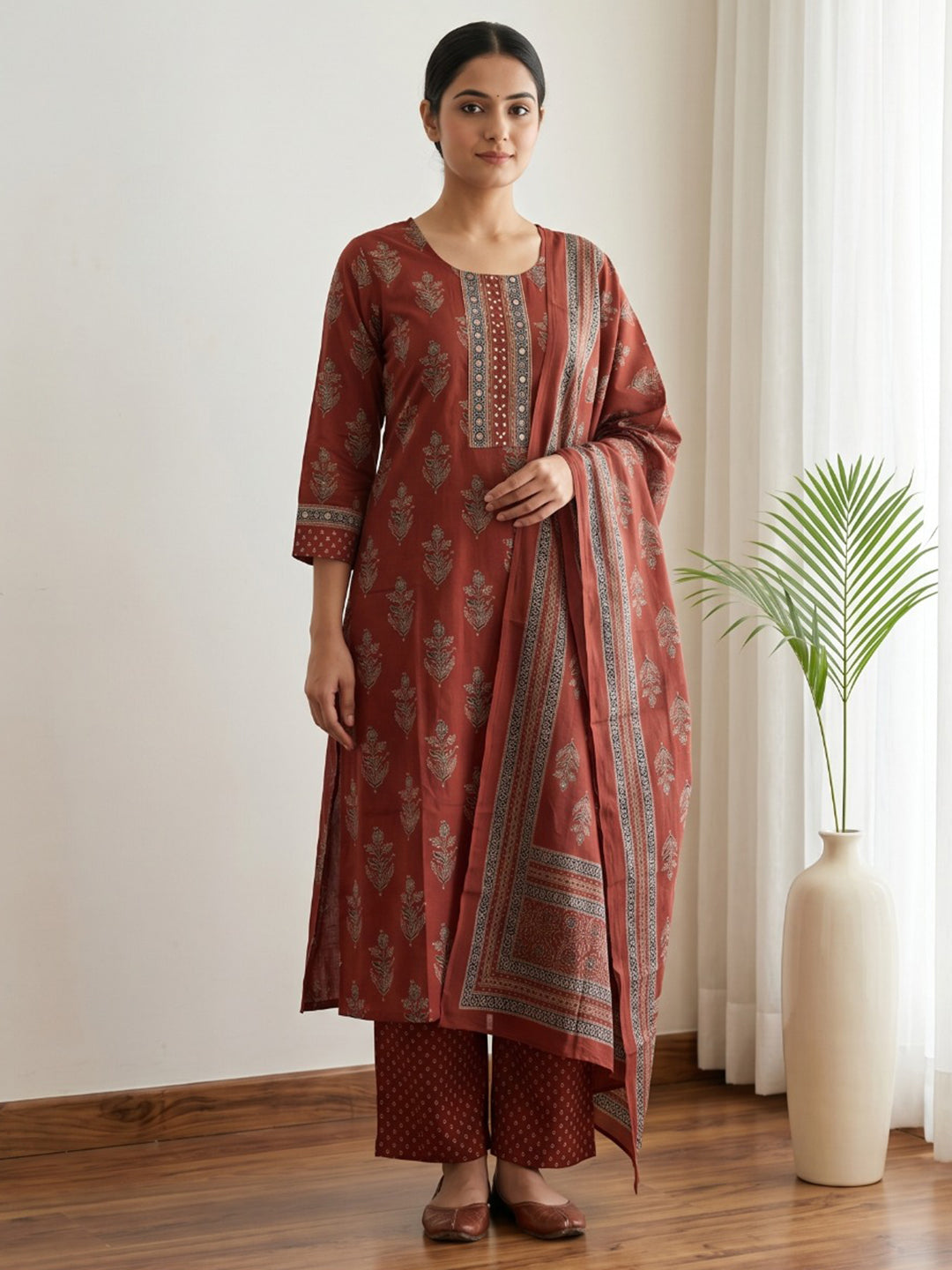 Red Printed Cotton Blend Kurta With Pant & Dupatta
