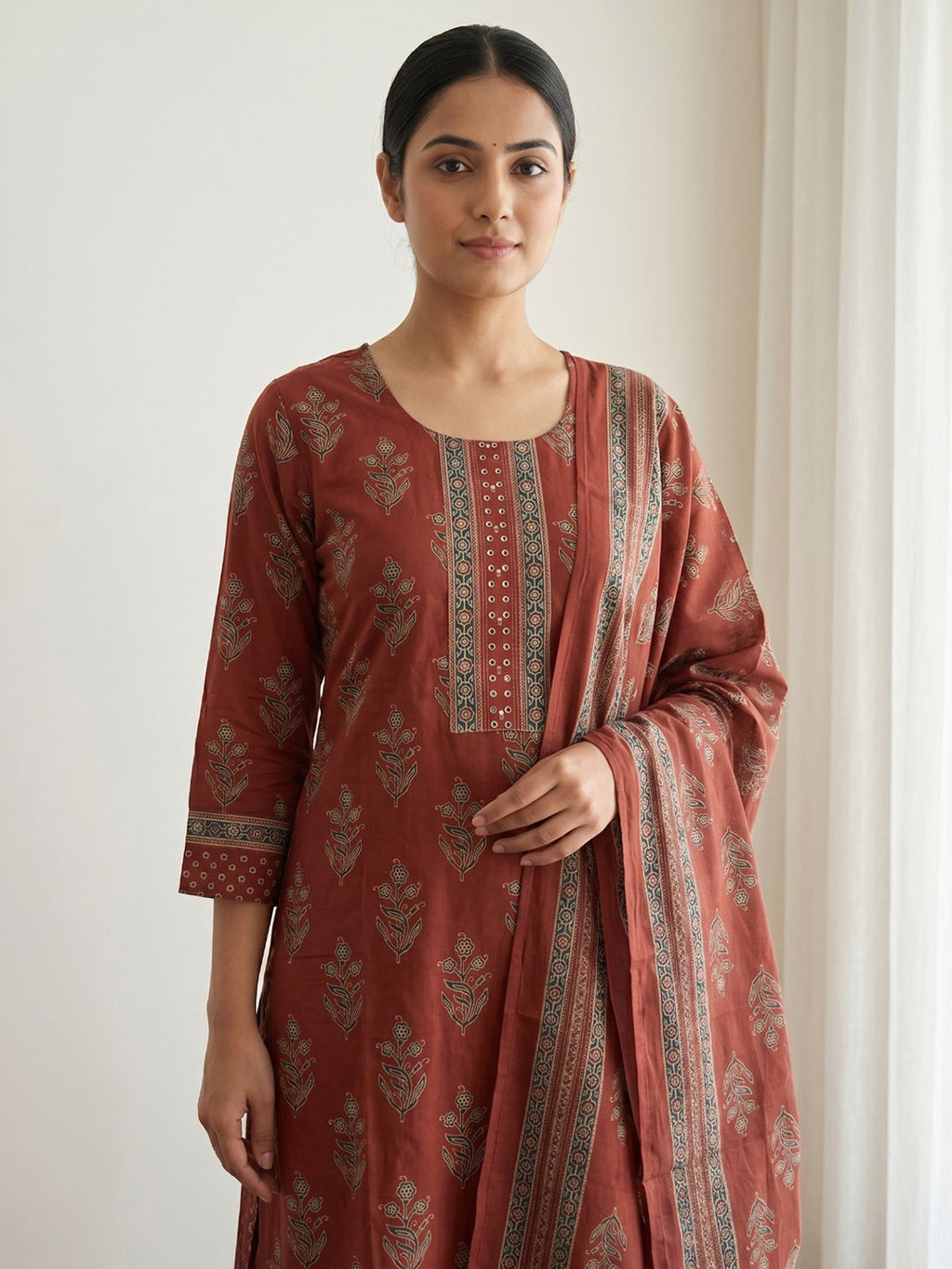 Red Printed Cotton Blend Kurta With Pant & Dupatta