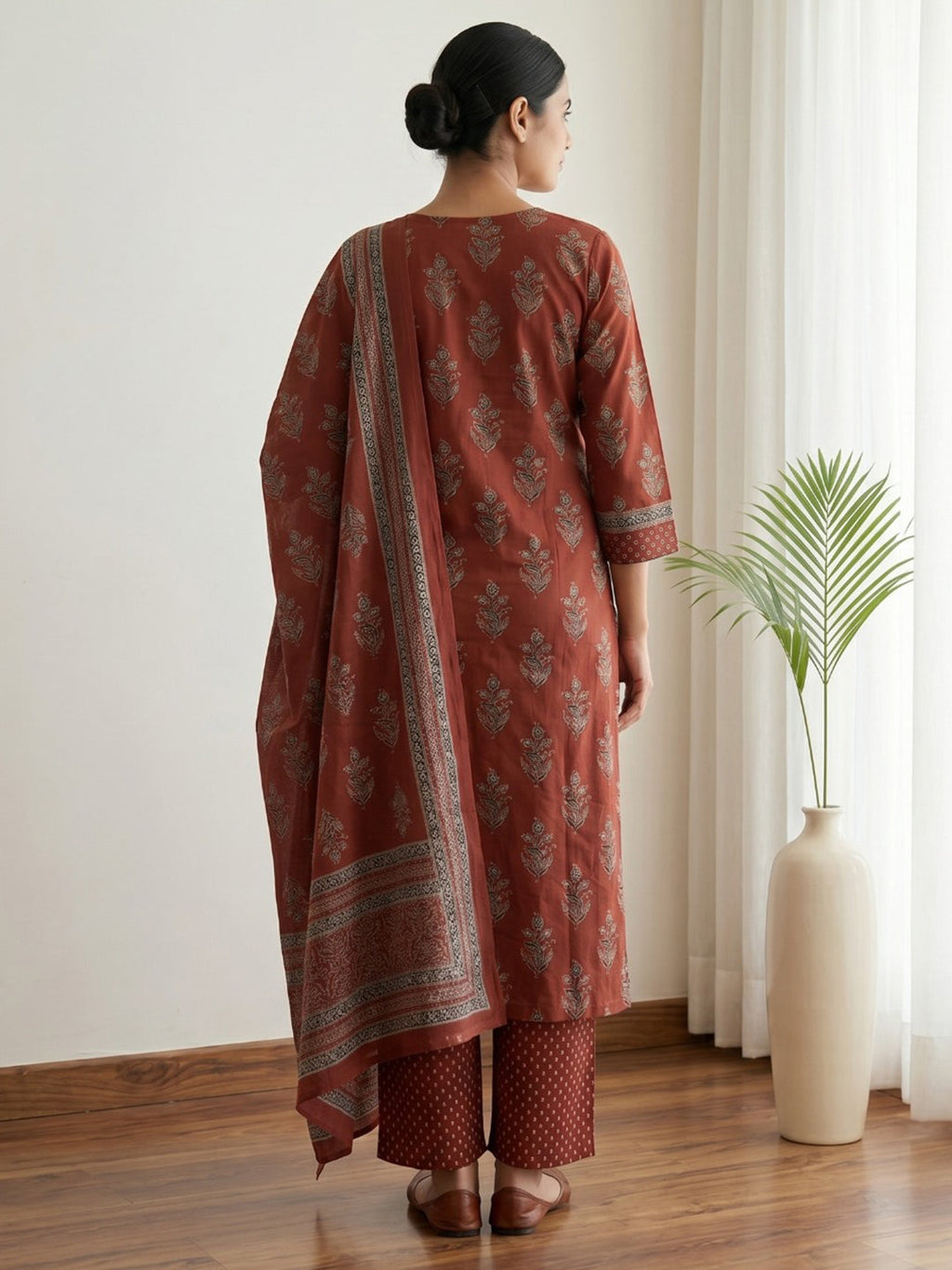 Red Printed Cotton Blend Kurta With Pant & Dupatta