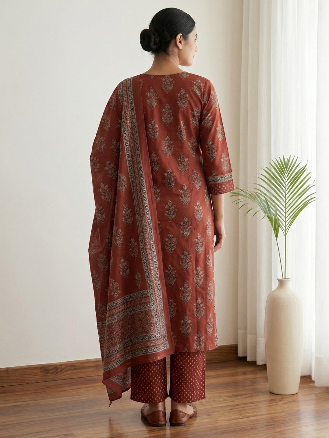 Red Printed Cotton Blend Kurta With Pant & Dupatta