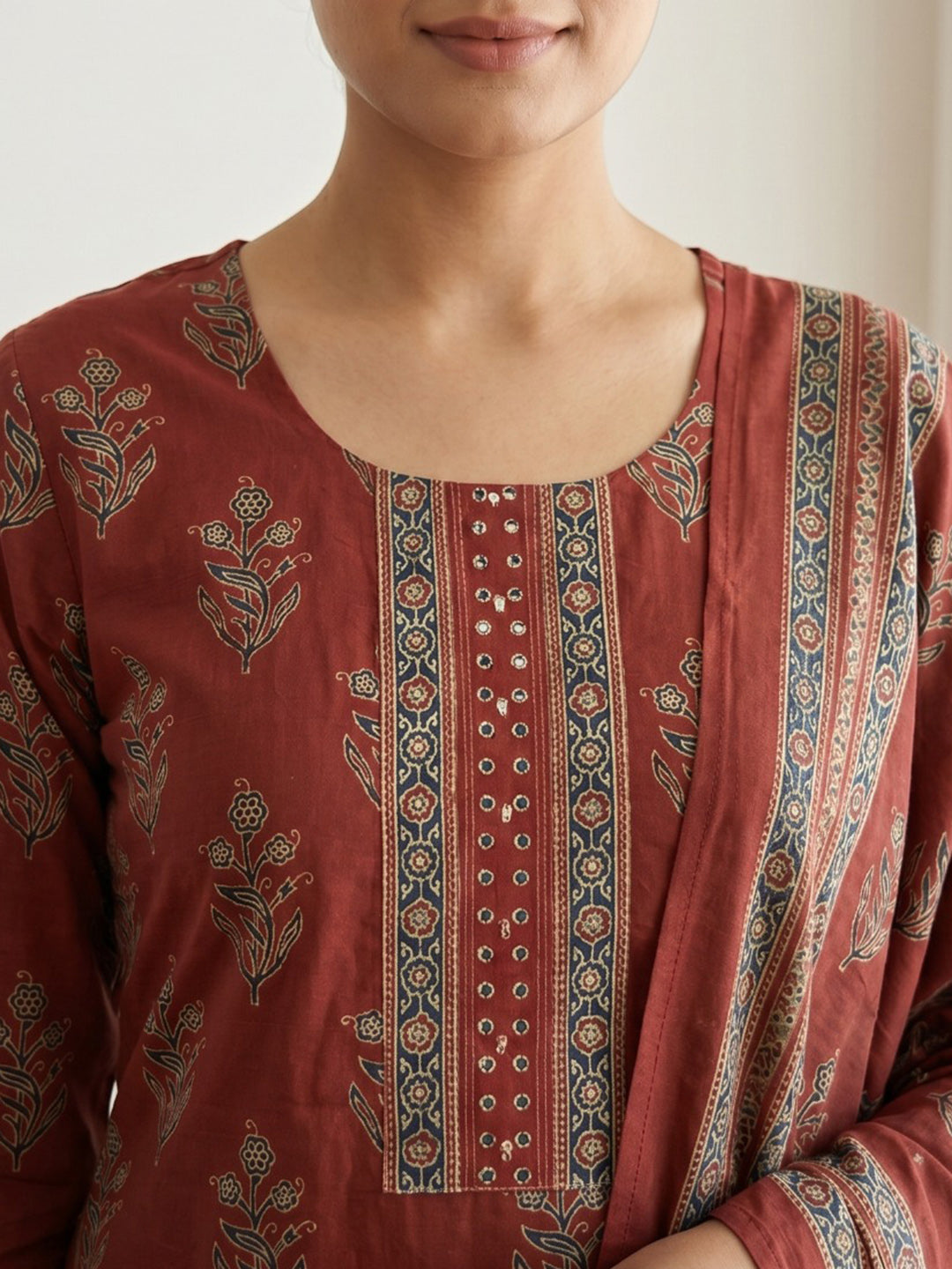 Red Printed Cotton Blend Kurta With Pant & Dupatta