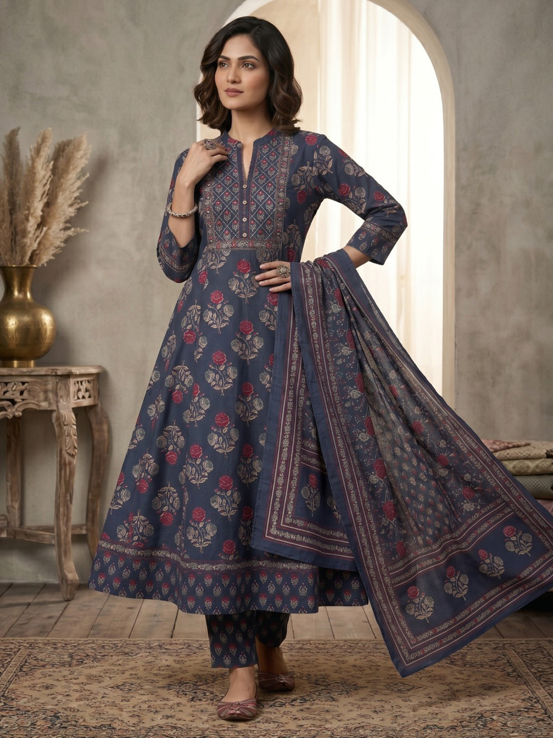 Blue Printed Cotton Blend Kurta With Pant & Dupatta