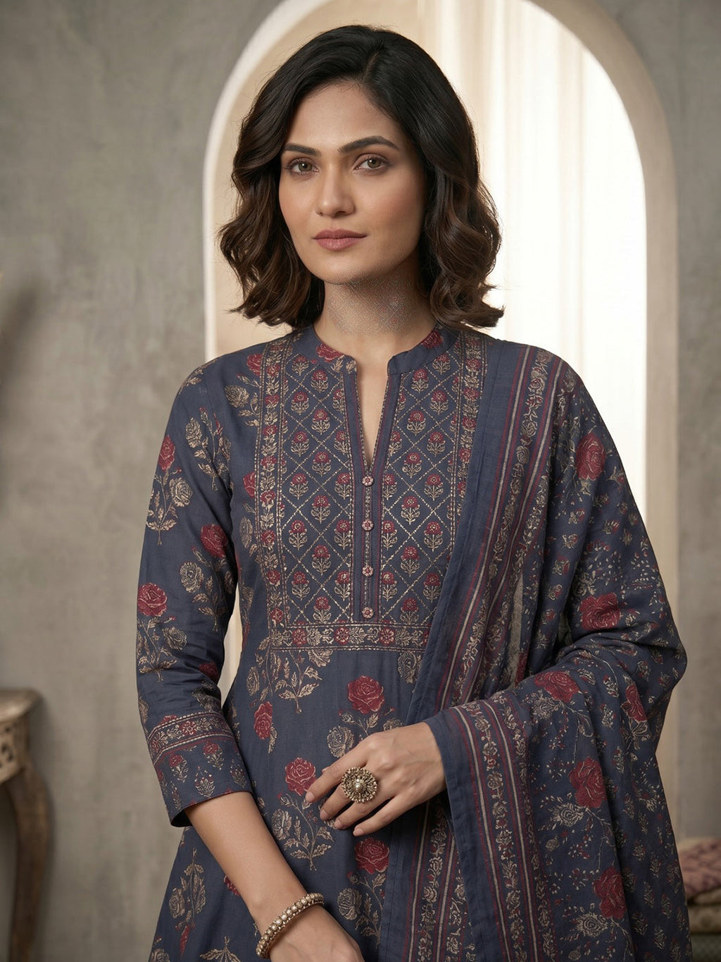 Blue Printed Cotton Blend Kurta With Pant & Dupatta