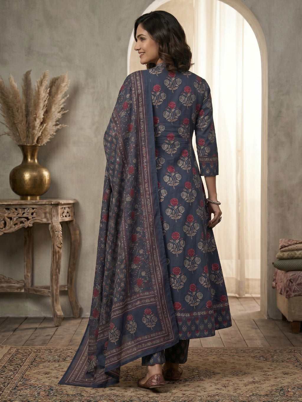 Blue Printed Cotton Blend Kurta With Pant & Dupatta