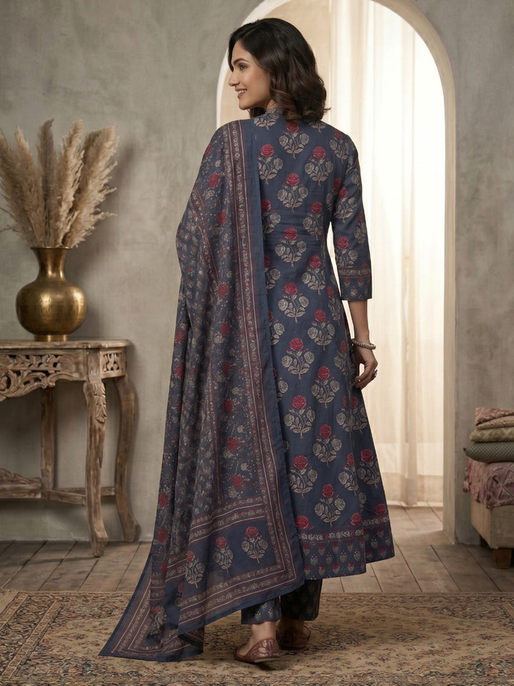 Blue Printed Cotton Blend Kurta With Pant &amp; Dupatta