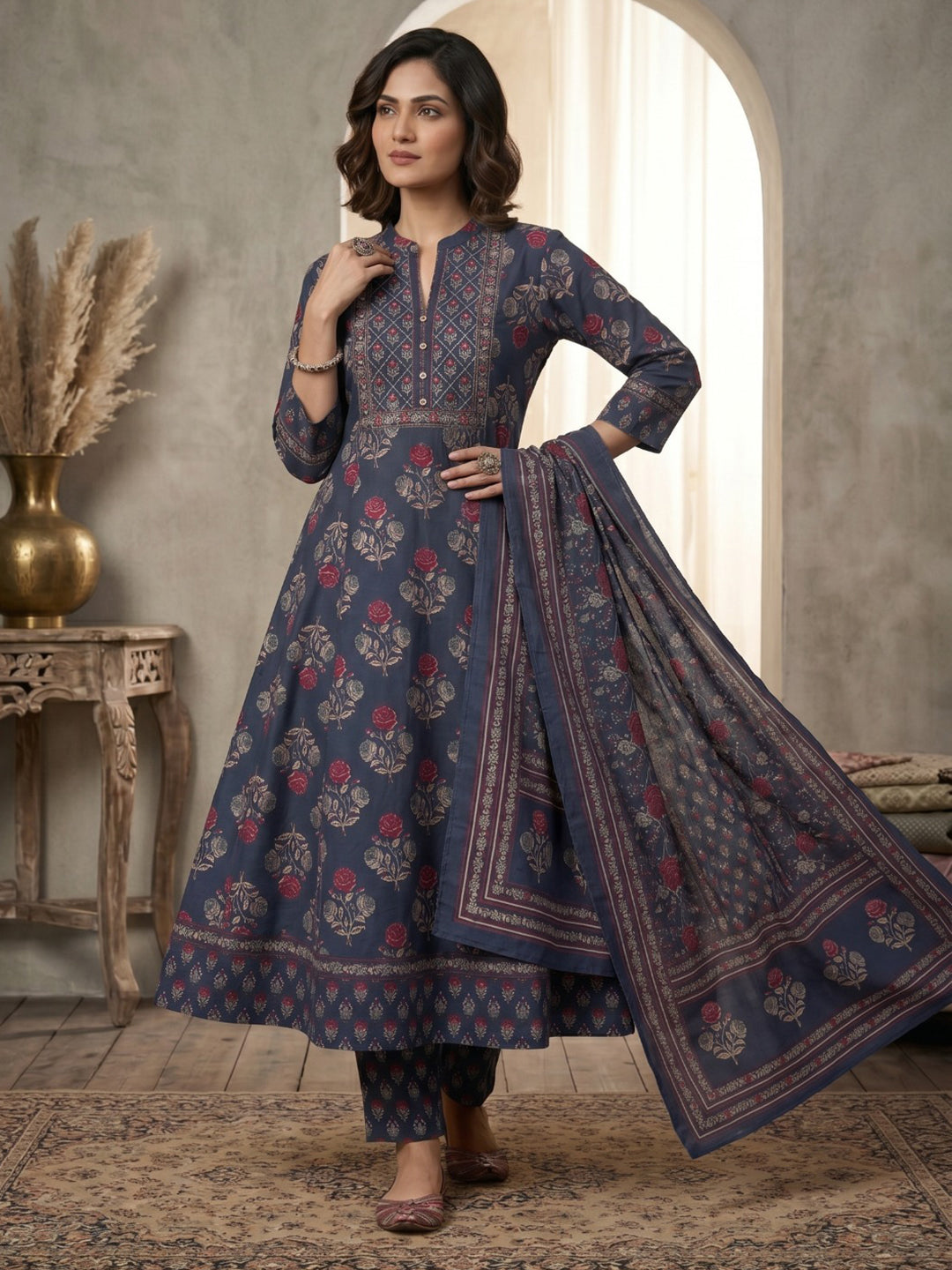 Grey Printed Cotton Blend Kurta With Pant & Dupatta