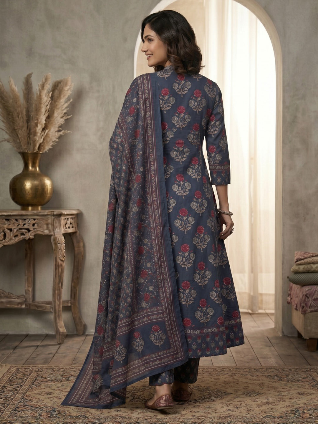 Grey Printed Cotton Blend Kurta With Pant & Dupatta
