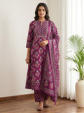 Purple Printed Cotton Blend Kurta With Pant & Dupatta