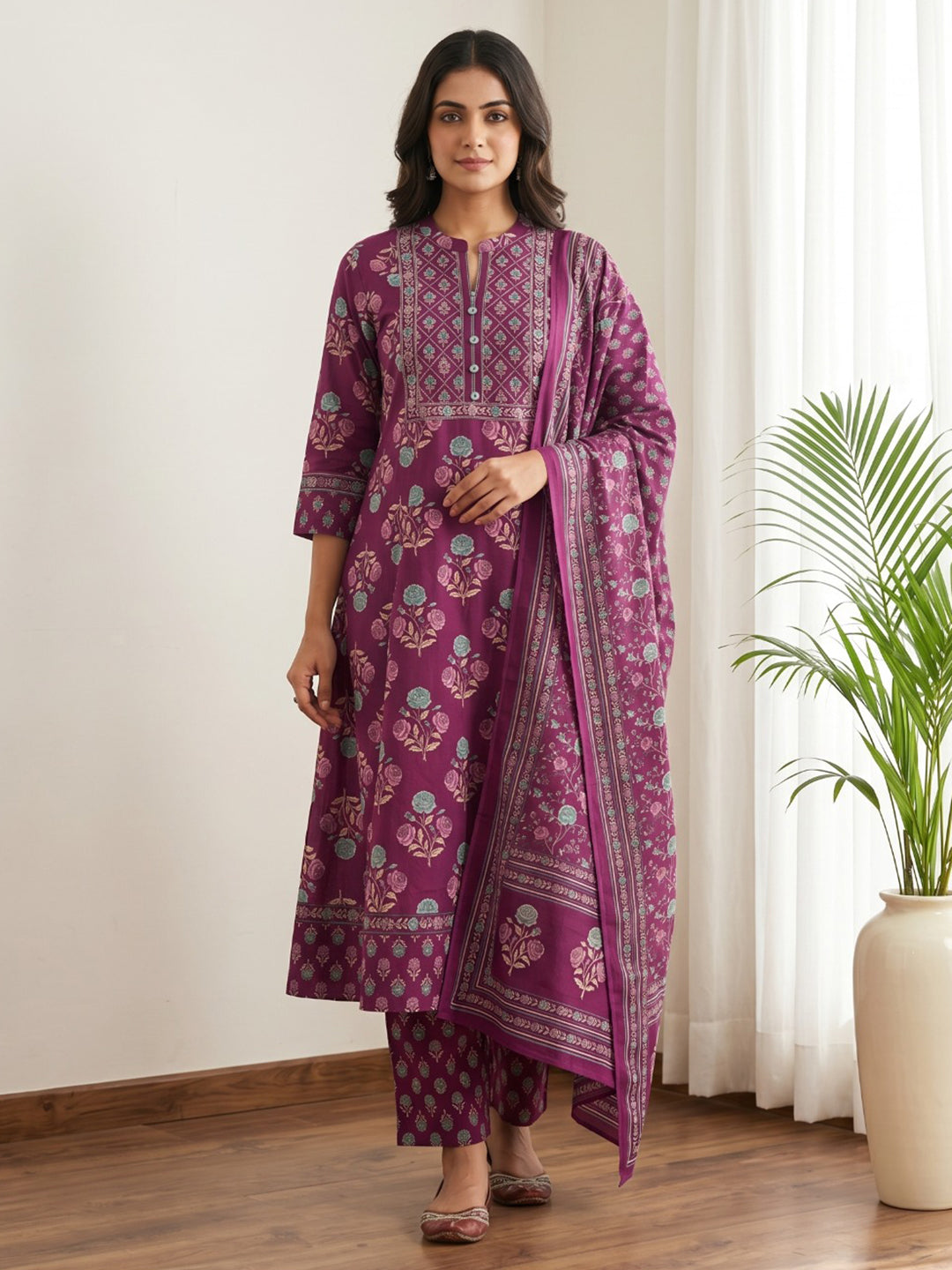 Purple Printed Cotton Blend Kurta With Pant & Dupatta