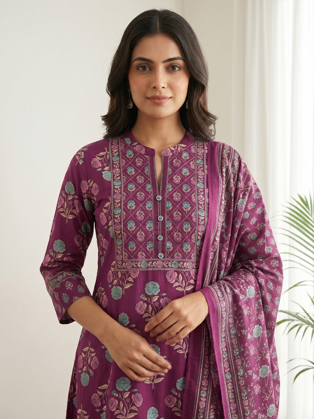 Purple Printed Cotton Blend Kurta With Pant & Dupatta