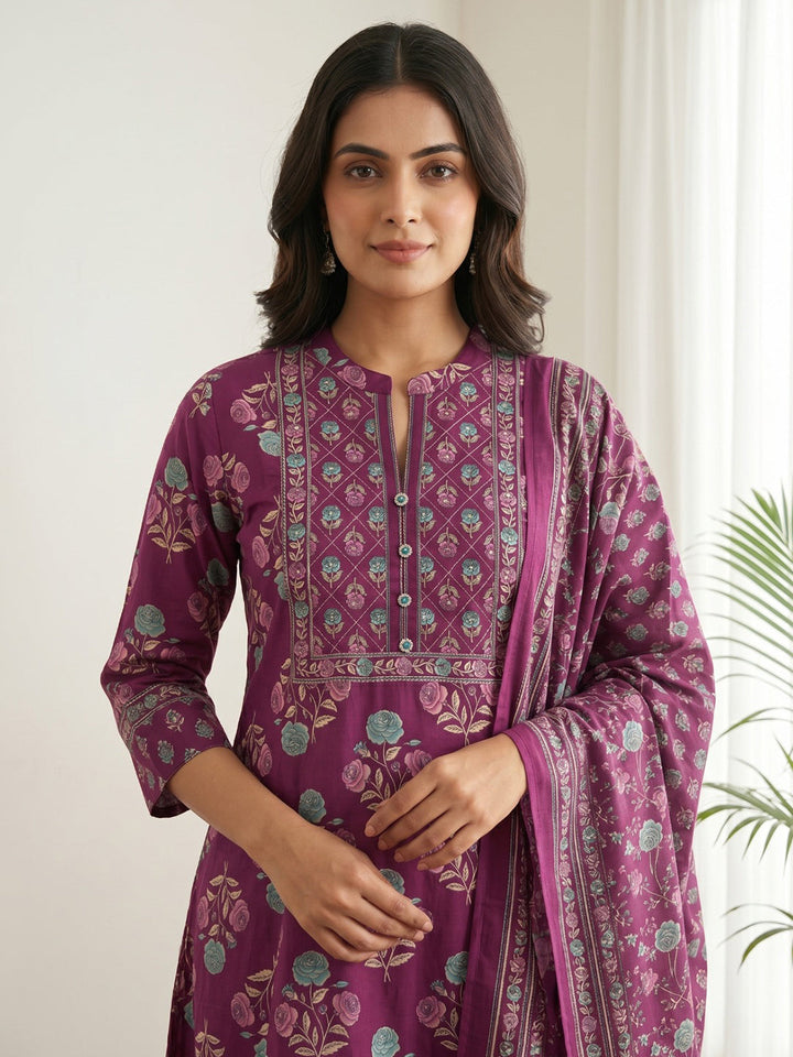 Purple Printed Cotton Blend Kurta With Pant &amp; Dupatta