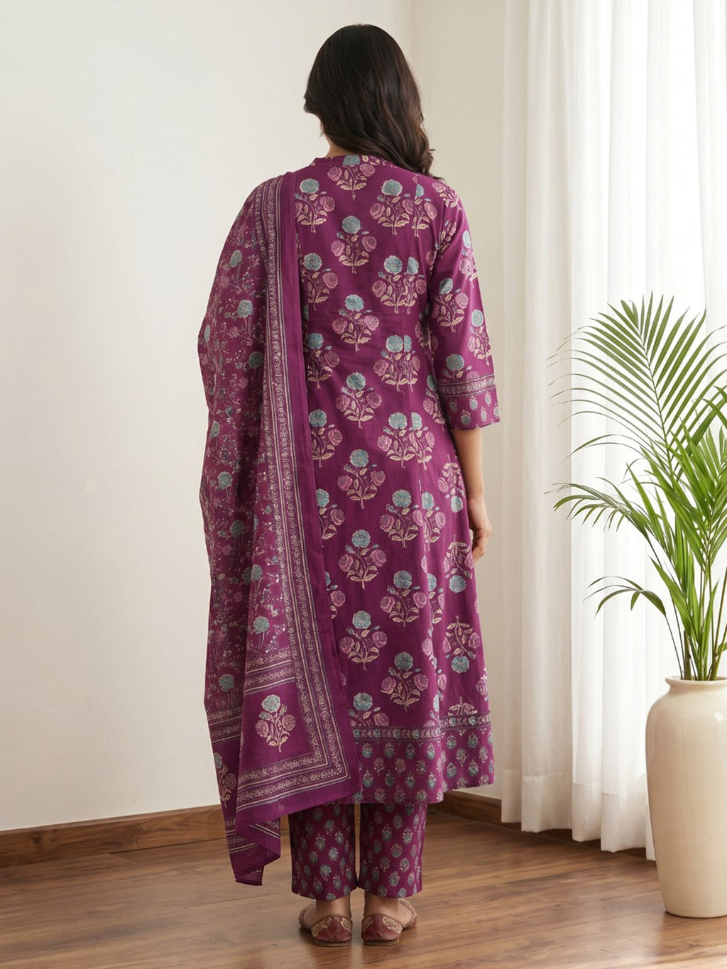 Purple Printed Cotton Blend Kurta With Pant & Dupatta