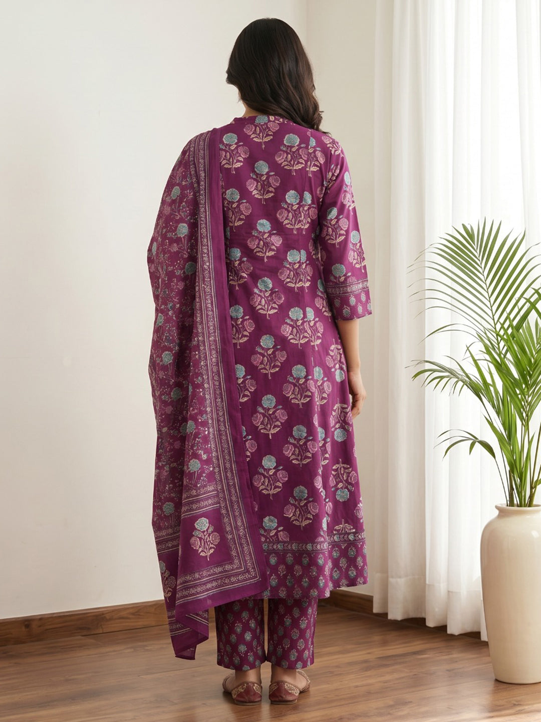Purple Printed Cotton Blend Kurta With Pant & Dupatta