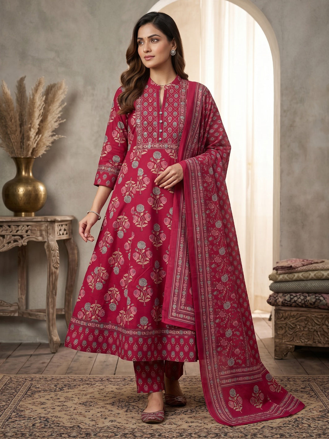 Rani Printed Cotton Blend Kurta With Pant & Dupatta