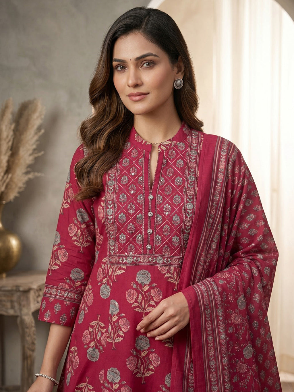 Rani Printed Cotton Blend Kurta With Pant & Dupatta