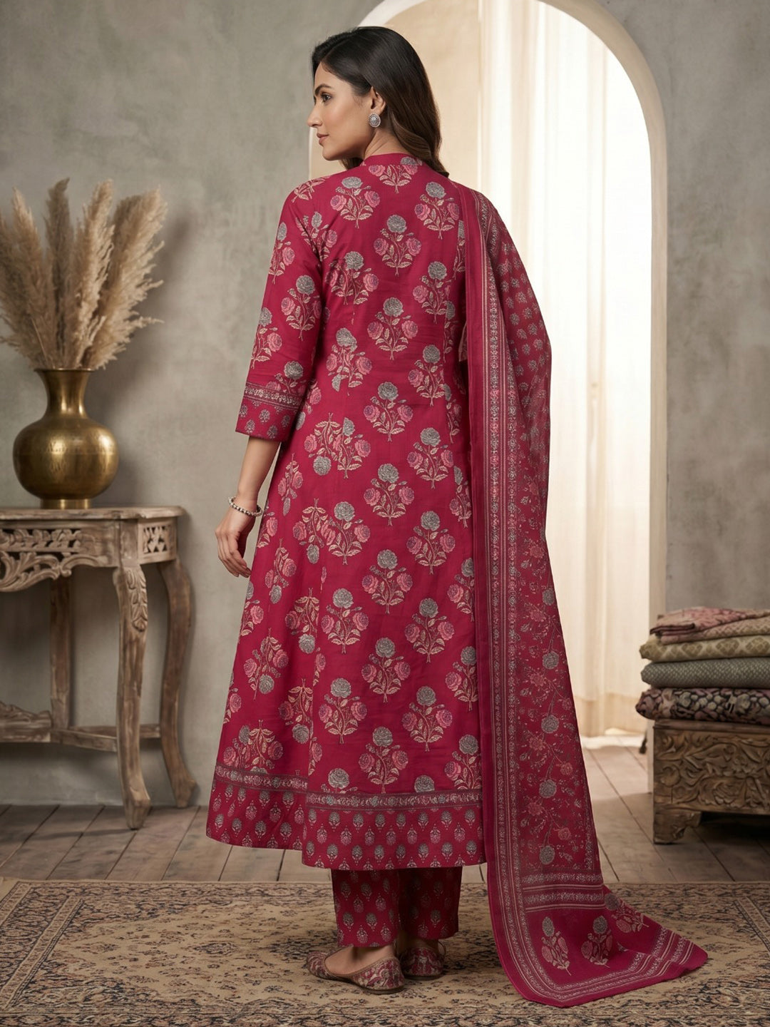 Rani Printed Cotton Blend Kurta With Pant & Dupatta