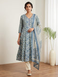 Blue Printed Cotton Blend Kurta With Pant & Dupatta