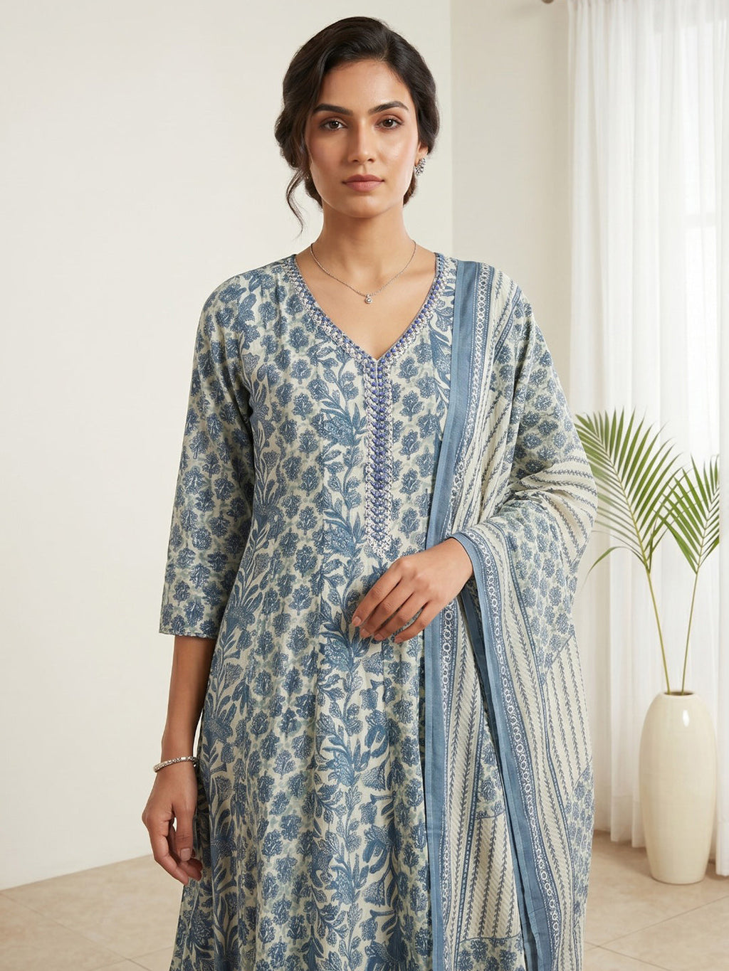 Blue Printed Cotton Blend Kurta With Pant & Dupatta
