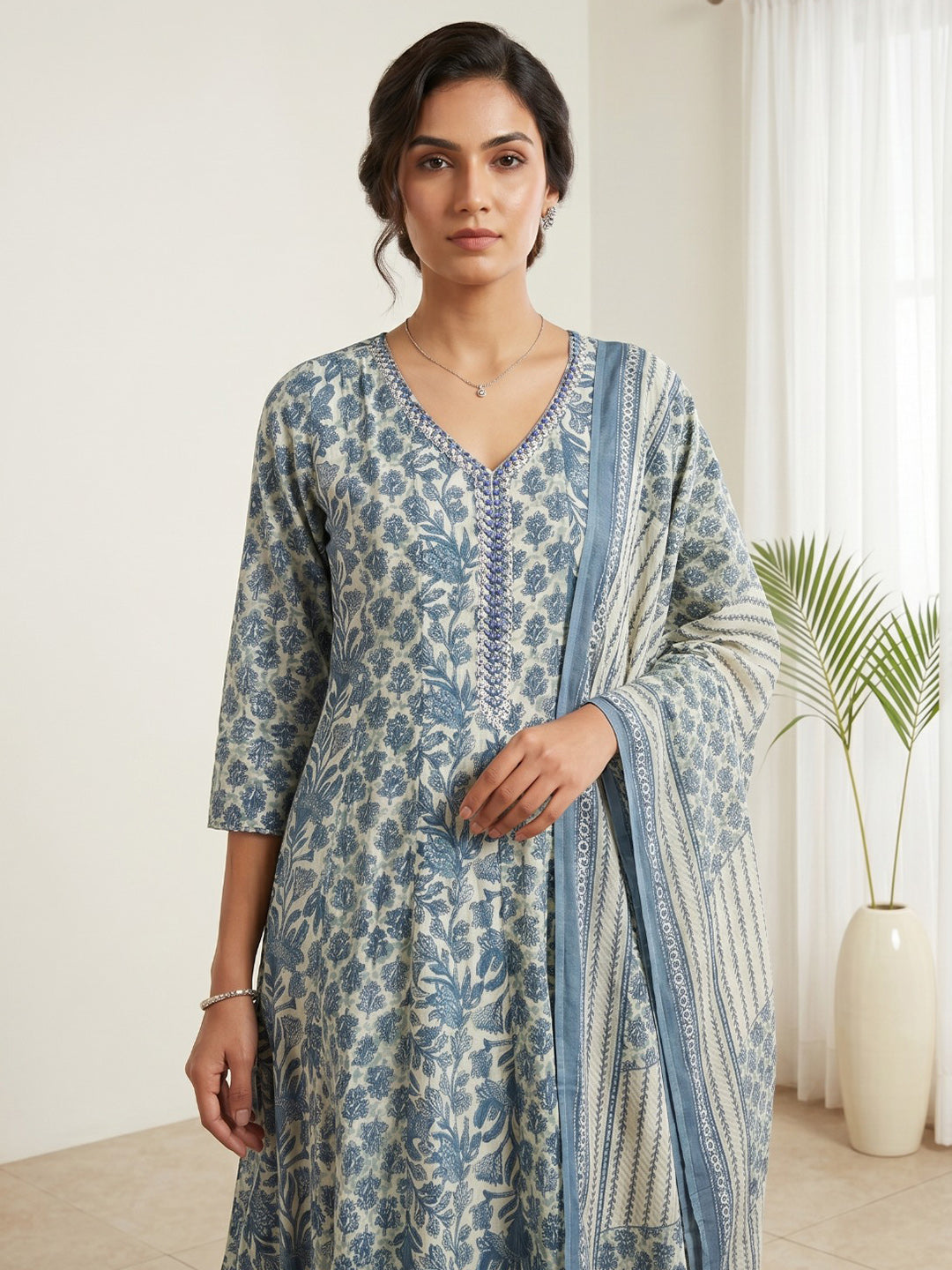 Blue Printed Cotton Blend Kurta With Pant & Dupatta