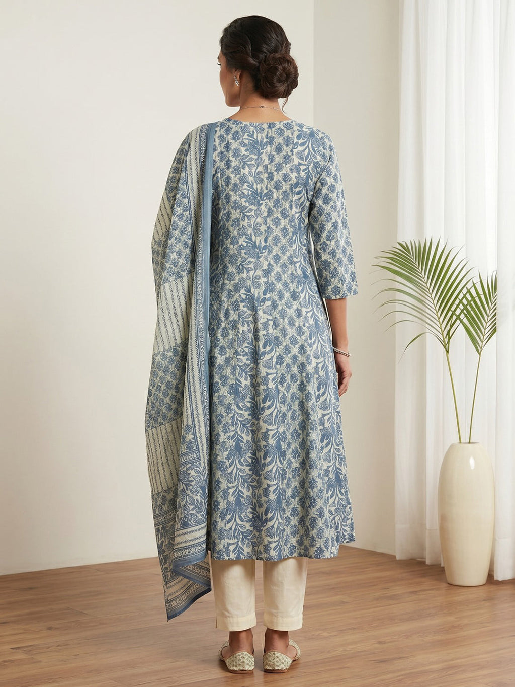 Blue Printed Cotton Blend Kurta With Pant & Dupatta