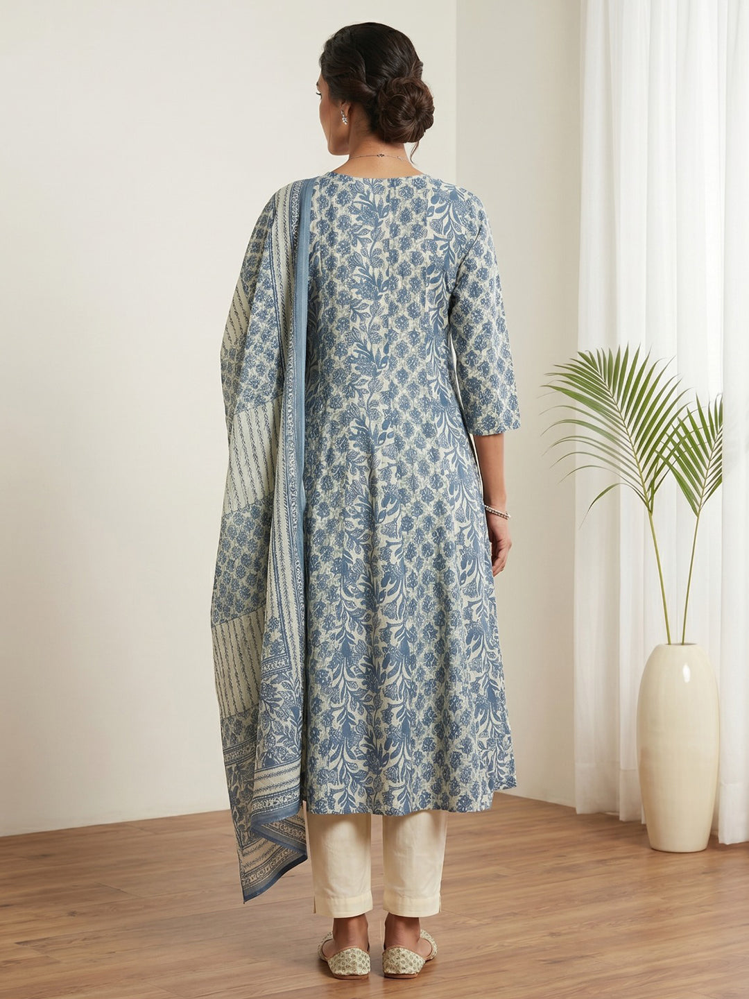 Blue Printed Cotton Blend Kurta With Pant & Dupatta