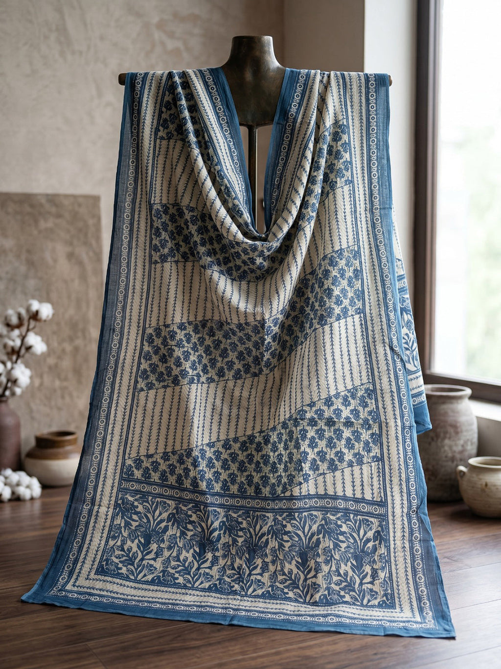 Blue Printed Cotton Blend Kurta With Pant & Dupatta