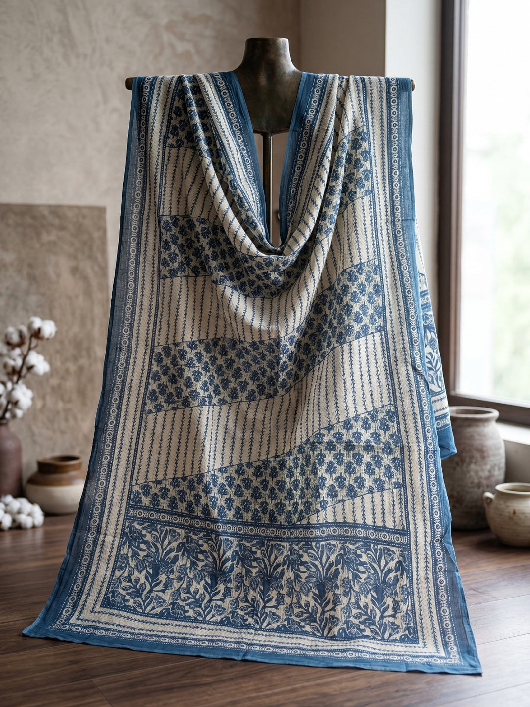Blue Printed Cotton Blend Kurta With Pant & Dupatta