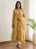 Yellow Printed Cotton Blend Kurta With Pant & Dupatta