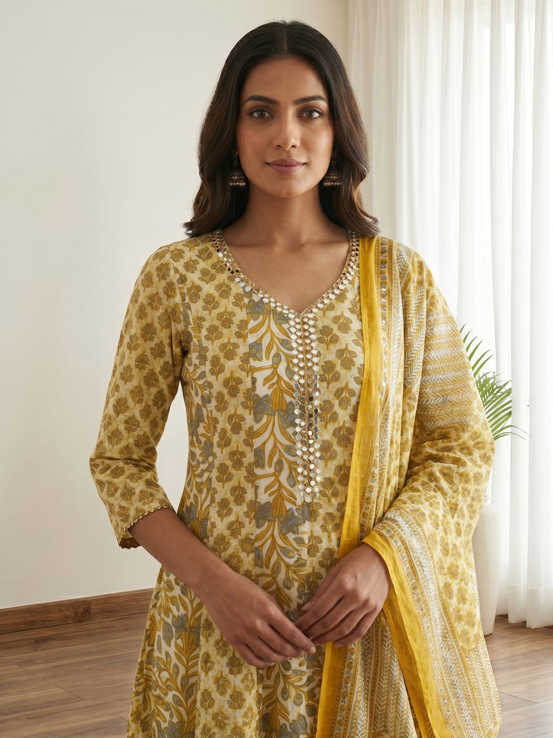 Yellow Printed Cotton Blend Kurta With Pant & Dupatta