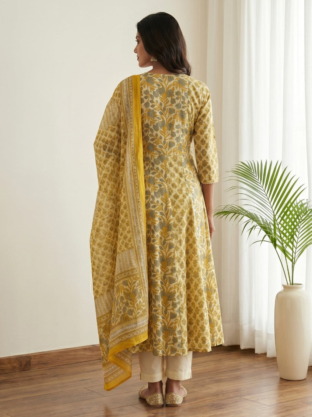 Yellow Printed Cotton Blend Kurta With Pant & Dupatta