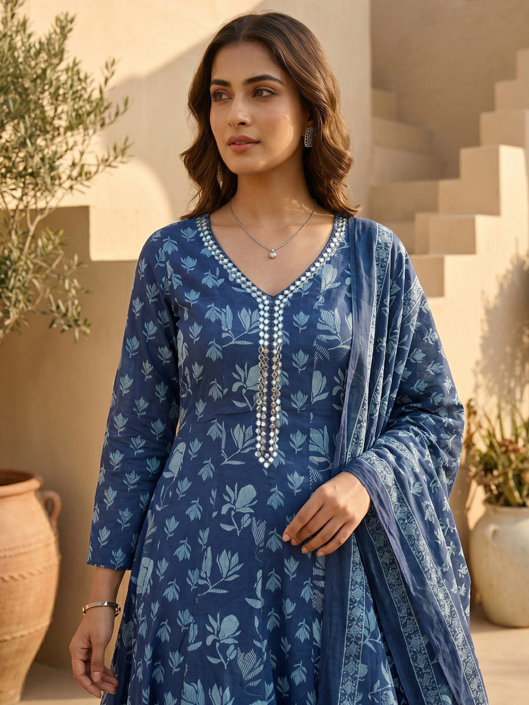 Blue Embroidered Cotton Blend Round Neck Straight Kurta With Pant and Dupatta