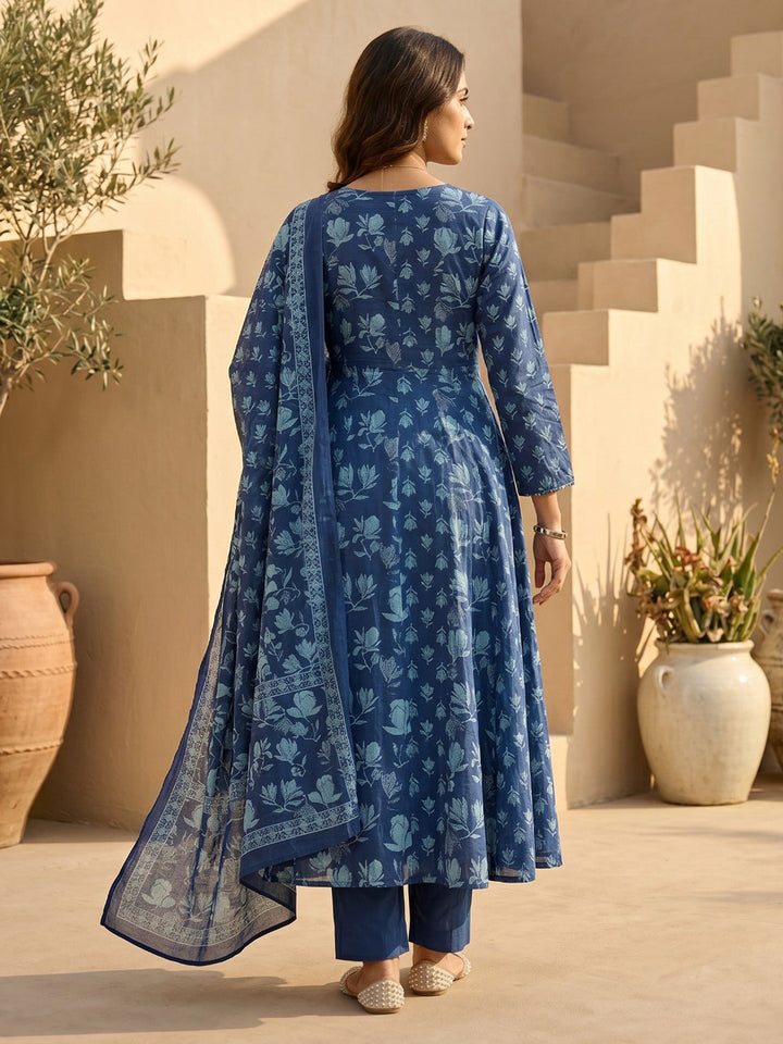 Blue Embroidered Cotton Blend Round Neck Straight Kurta With Pant and Dupatta