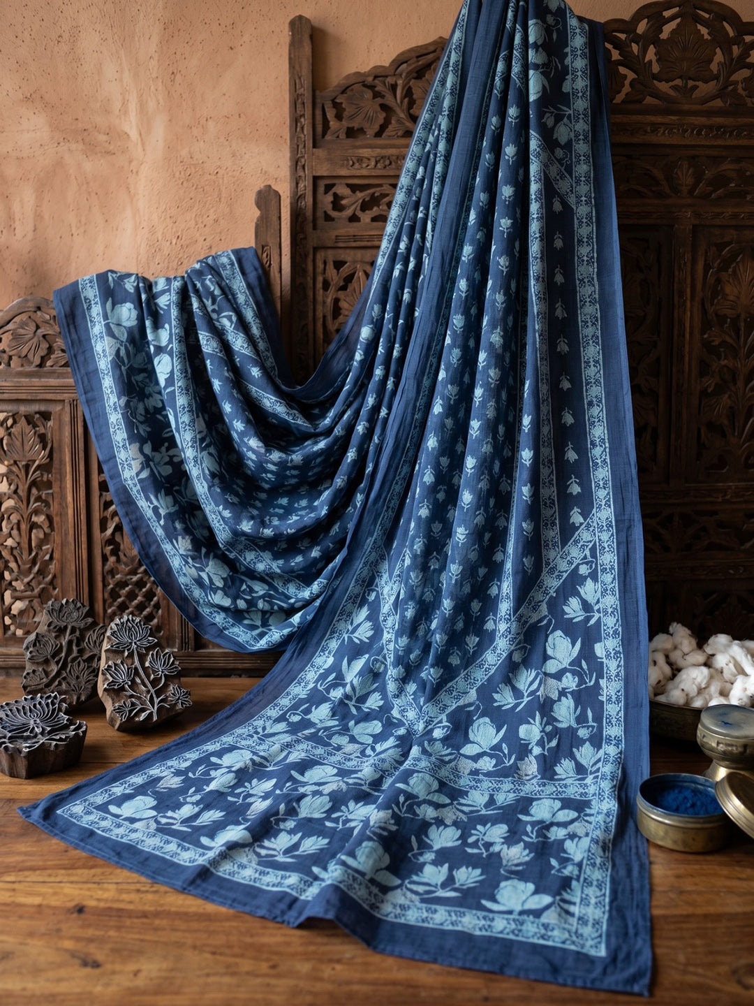 Blue Embroidered Cotton Blend Round Neck Straight Kurta With Pant and Dupatta