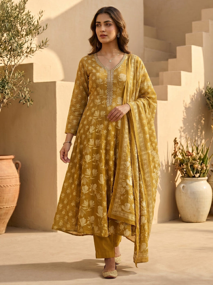Mustard Embroidered Cotton Blend Round Neck Straight Kurta With Pant and Dupatta