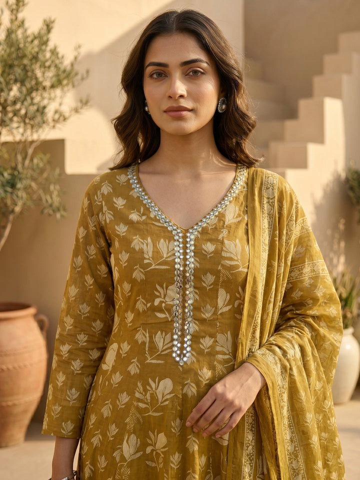 Mustard Embroidered Cotton Blend Round Neck Straight Kurta With Pant and Dupatta