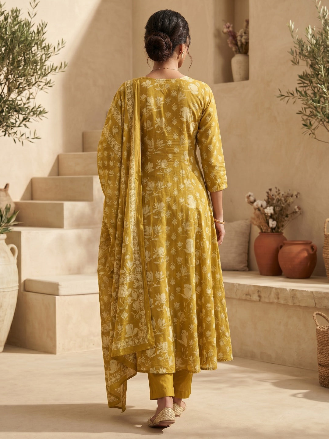 Mustard Embroidered Cotton Blend Round Neck Straight Kurta With Pant and Dupatta