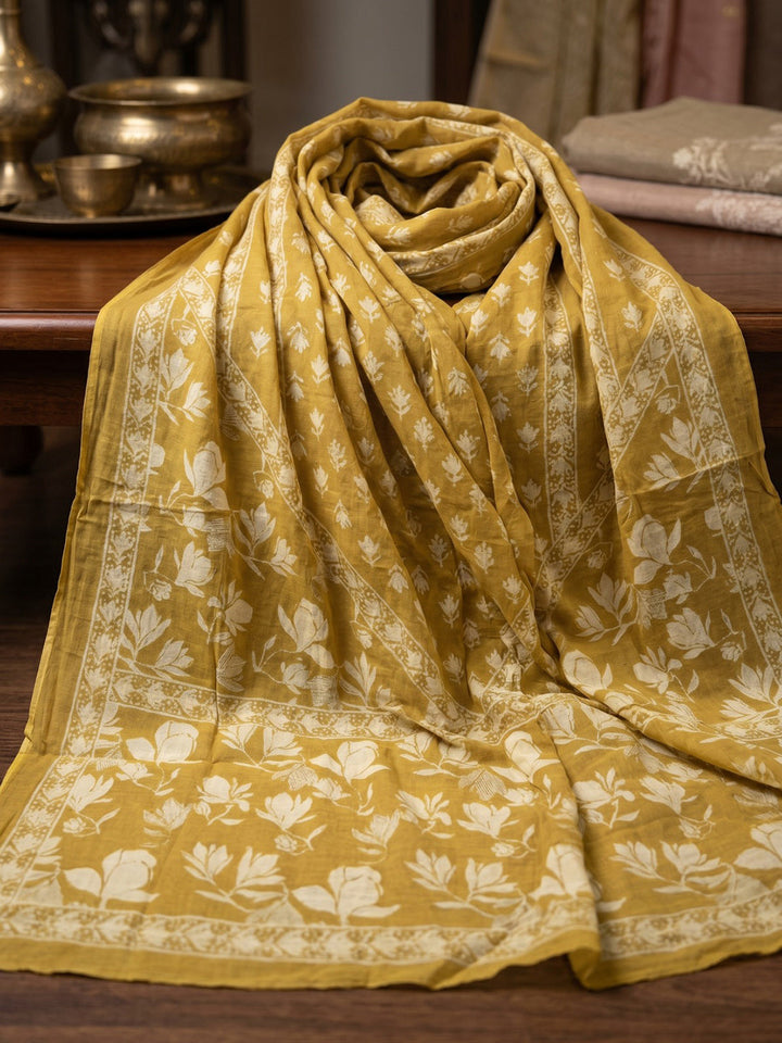 Mustard Embroidered Cotton Blend Round Neck Straight Kurta With Pant and Dupatta